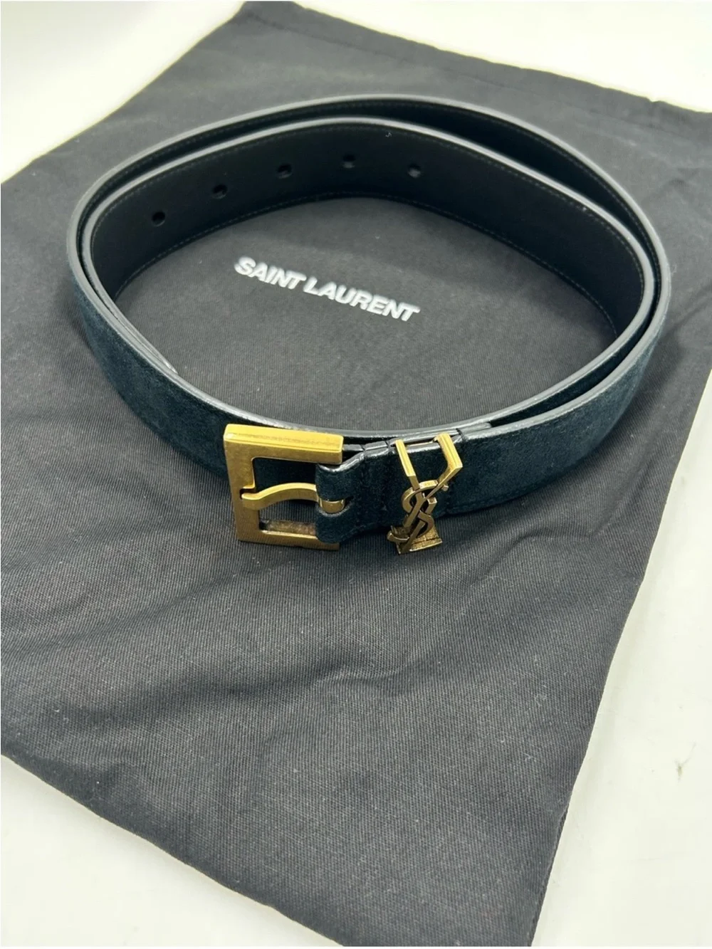Women’s Saint Laurent black suede belt with gold YSL logo 80/32 inch